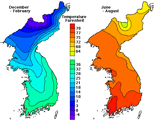 Average winter (left) and summer (right) temperatures in Korea. Note the break in the temperature scale. Summers are much hotter than winters. Please note temperatures are in Fahrenheit Source: COTF